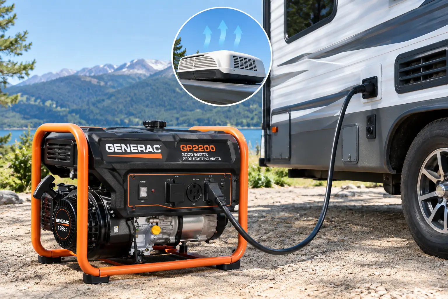 Generator for RV air conditioner powering a travel trailer rooftop AC at a scenic campground, with the portable generator connected by a heavy-duty power cable.