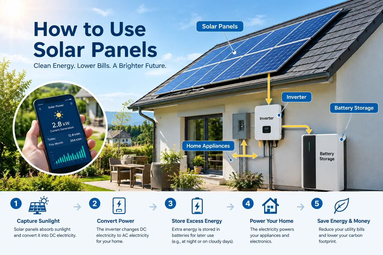 How to use solar panels at home, showing rooftop solar panels connected to an inverter and battery storage system to power household appliances and reduce electricity costs.