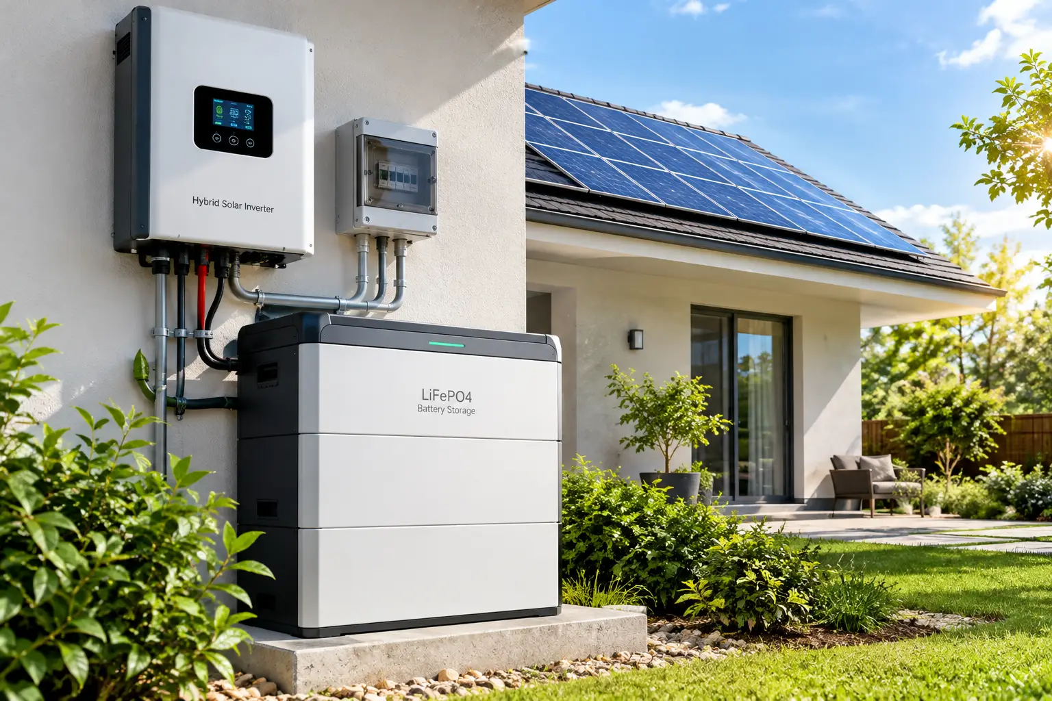 How to use solar panels at home, showing rooftop solar panels connected to an inverter and battery storage system to power household appliances and reduce electricity costs.