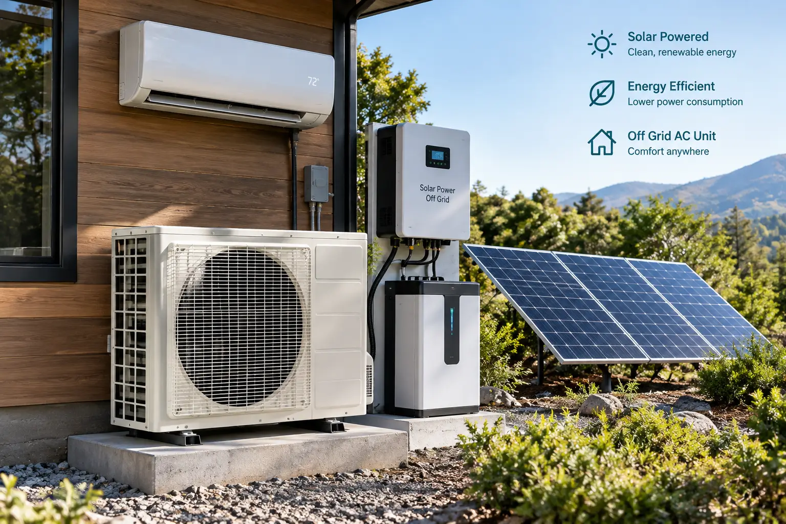 Off grid ac unit powered by solar panels and battery storage beside a modern cabin in a sunny outdoor setting
