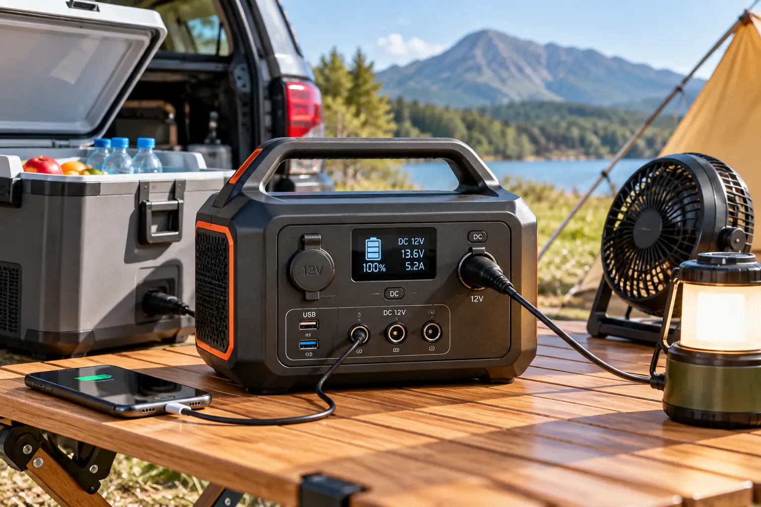 Portable 12 volt power supply with multiple DC and USB outlets powering a camping cooler, fan, smartphone, and lantern at an outdoor campsite.