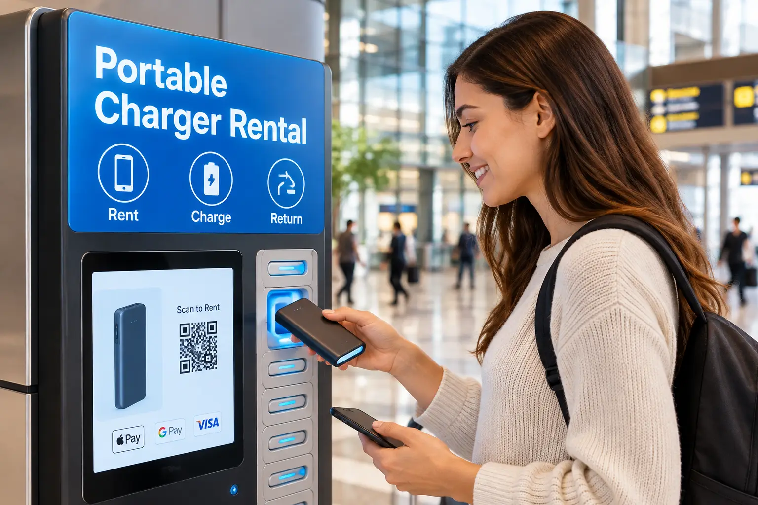 Portable charger rental kiosk in a shopping mall, allowing customers to rent a power bank to charge their phones on the go