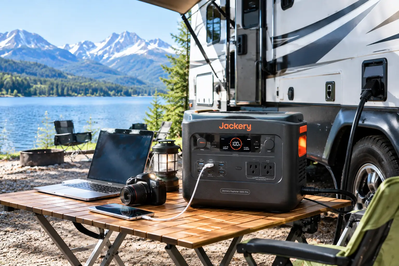 Portable power station for RV camping, providing power for a laptop, phone, camera, and lantern beside a travel trailer at a scenic lakeside campsite.