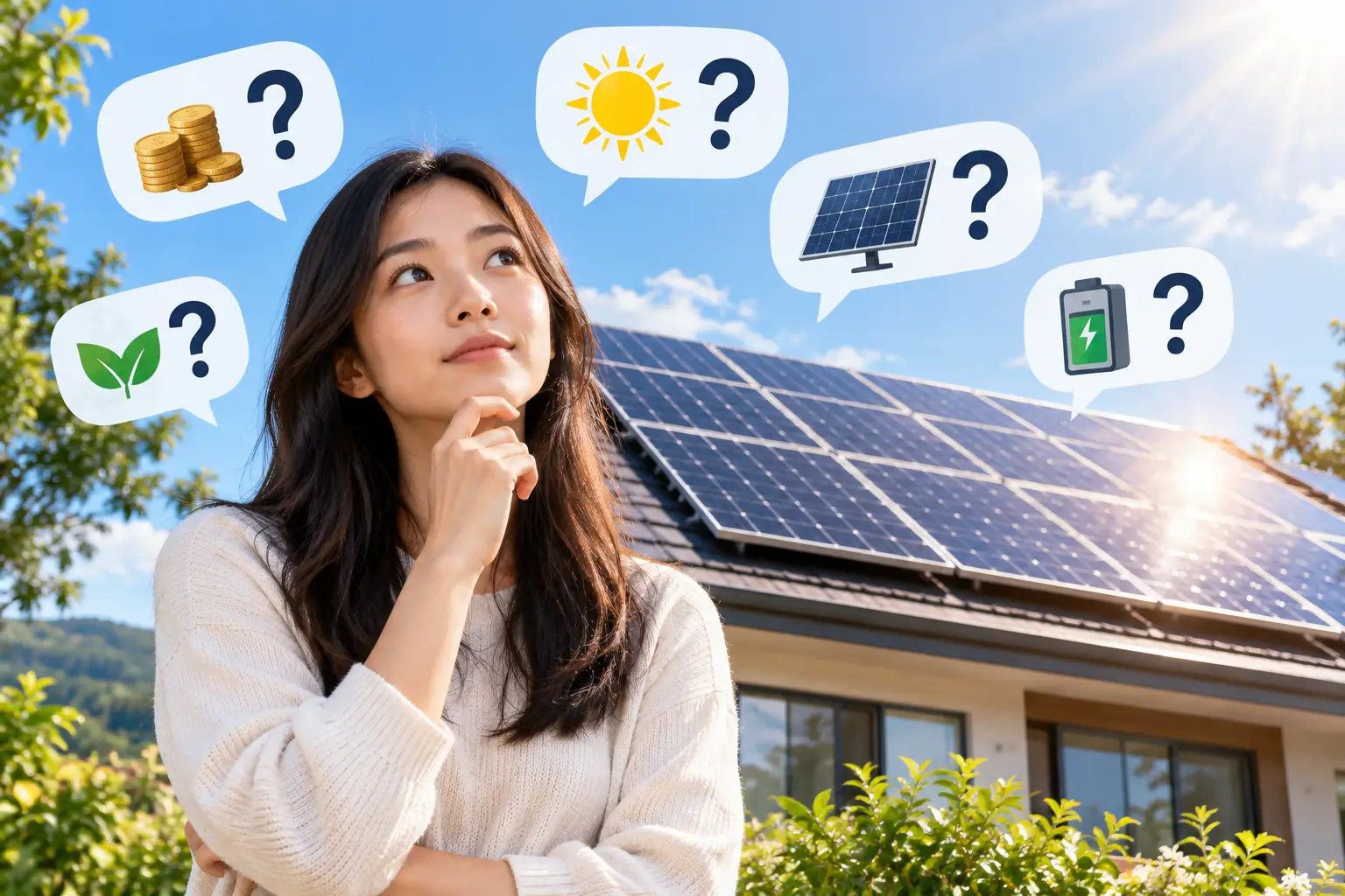 Questions about solar energy illustrated by a woman considering rooftop solar panels, with icons representing installation costs, sunlight, battery storage, and environmental benefits.