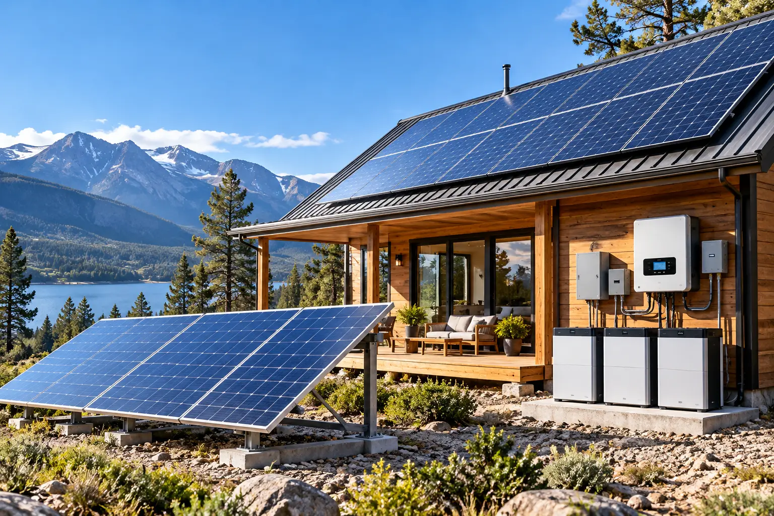 Solar panels for off grid home installed on a wooden cabin roof with a ground-mounted solar array, battery storage, and inverter system in a sunny mountain setting.