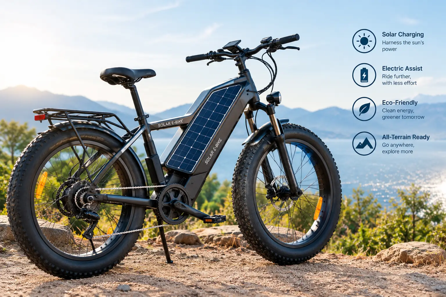 Solar power electric bike with integrated solar panels, fat tires, and electric assist parked on a scenic outdoor trail, showcasing eco-friendly transportation and solar charging technology.