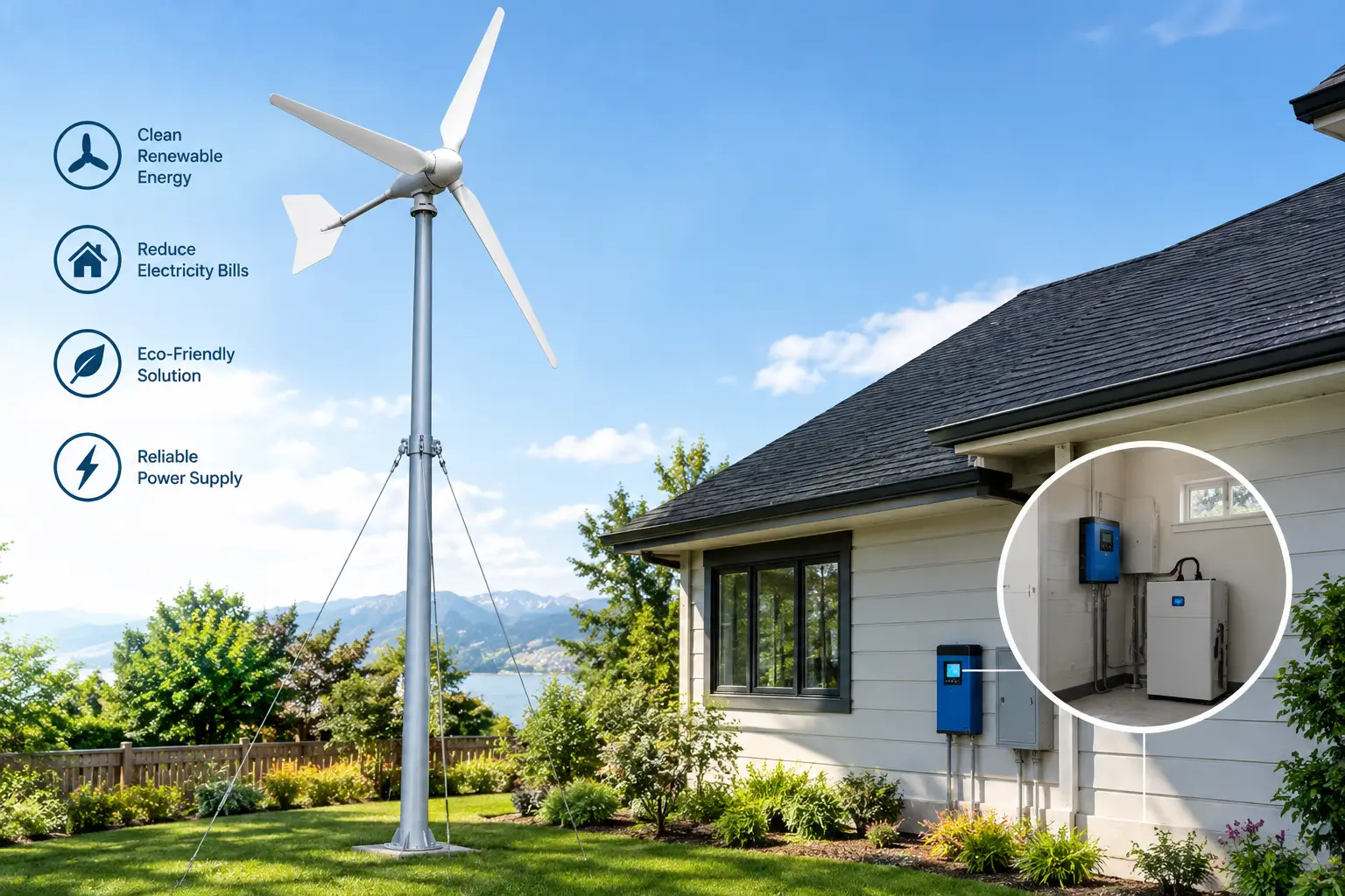 Windmill generators for home use installed beside a modern house, providing clean renewable energy with a connected inverter and battery storage system.